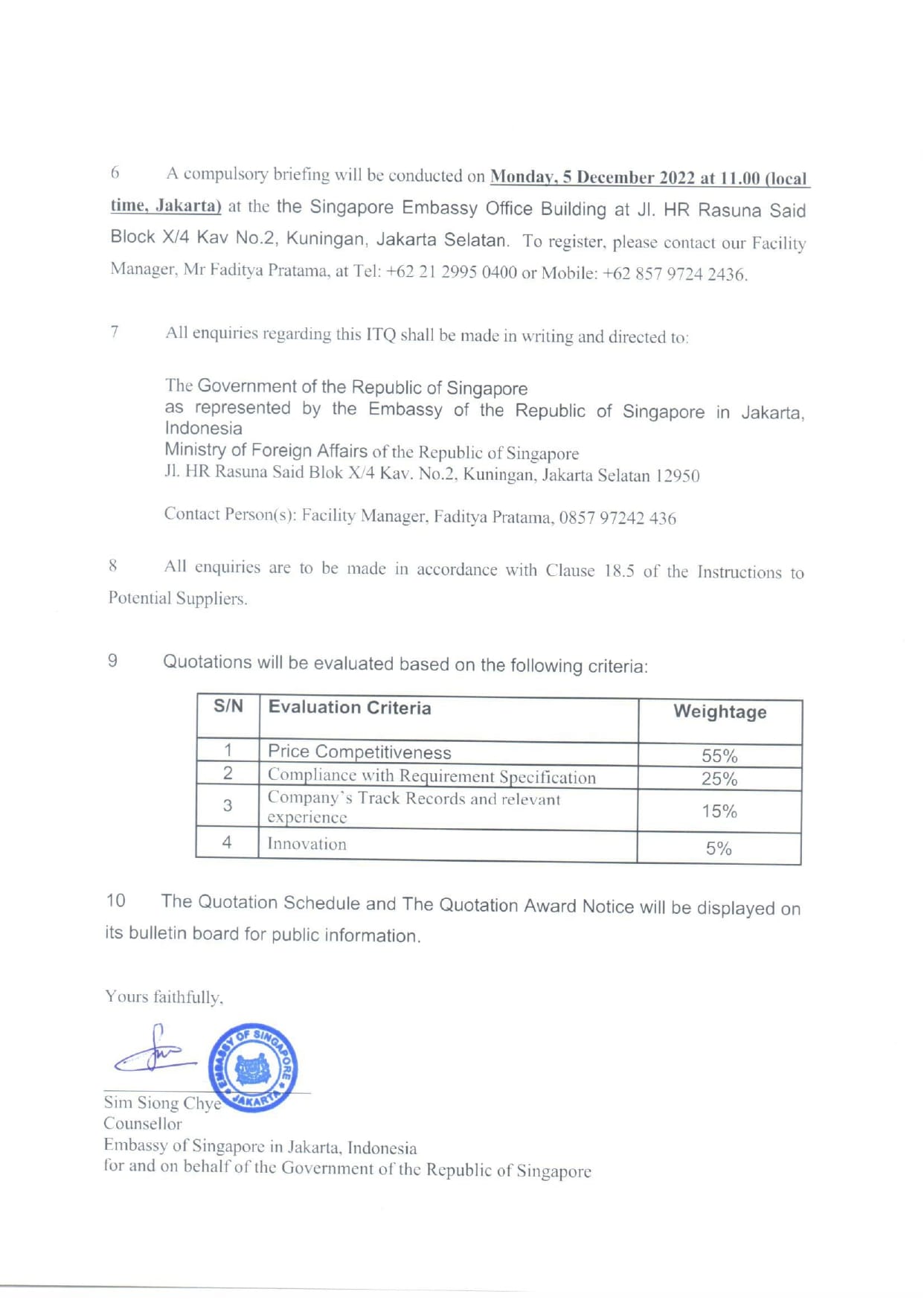 Singapore Embassy ITQ document: briefing details, evaluation criteria table, signature.